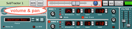 Volume and pan controls in a Mix Channel device in the Reason Rack