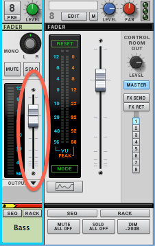 Volume fader for a track in the Reason Main Mixer