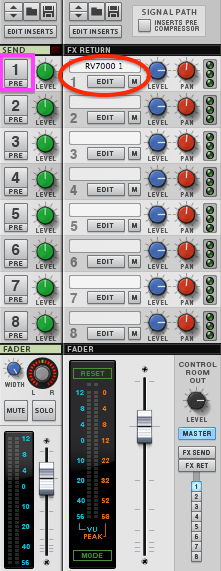 Assigning an RV7000 reverb to Send 1 in the Reason Main Mixer