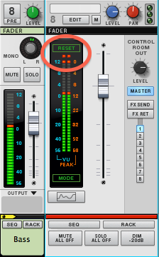 Clipping indicators in the master section meter of the Reason Main Mixer
