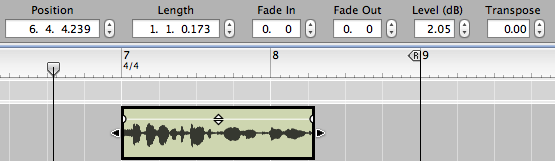 Selected audio clip with parameters in the Reason sequencer