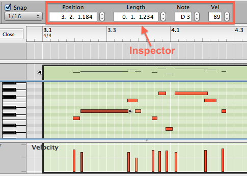 Numeric note properties in the inspector bar above the sequencer