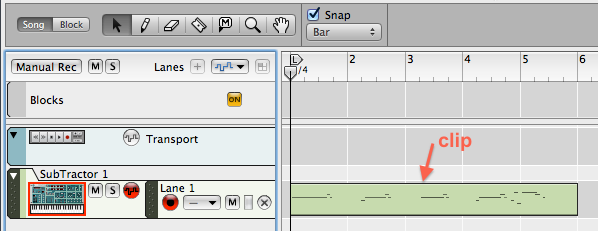 A note clip in a track in the Reason sequencer