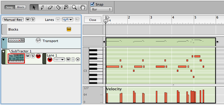 An instrument track open for note editing in the Reason sequencer