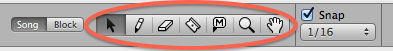 The tool bar in the Reason sequencer