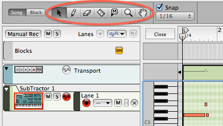 Editing toolbar in the Reason sequencer