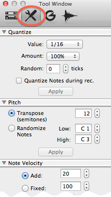 The Reason Tool Window, showing the Quantize, Pitch, and Note Velocity panels