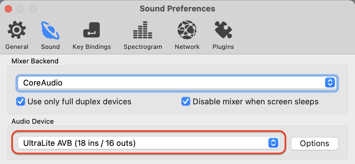 Screenshot of the Ocenaudio Sound Preferences window with Audio Device popup menu showing our Ultralite AVB audio interface